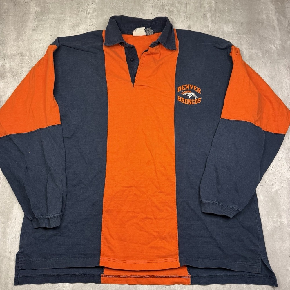 Vtg 1990s Denver Broncos Vertical Block Striped Polo Rugby Shirt Mens Size XL